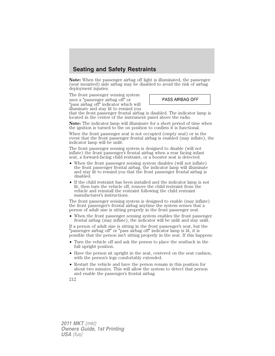 Seating and safety restraints | Lincoln 2011 MKT User Manual | Page 212 / 454