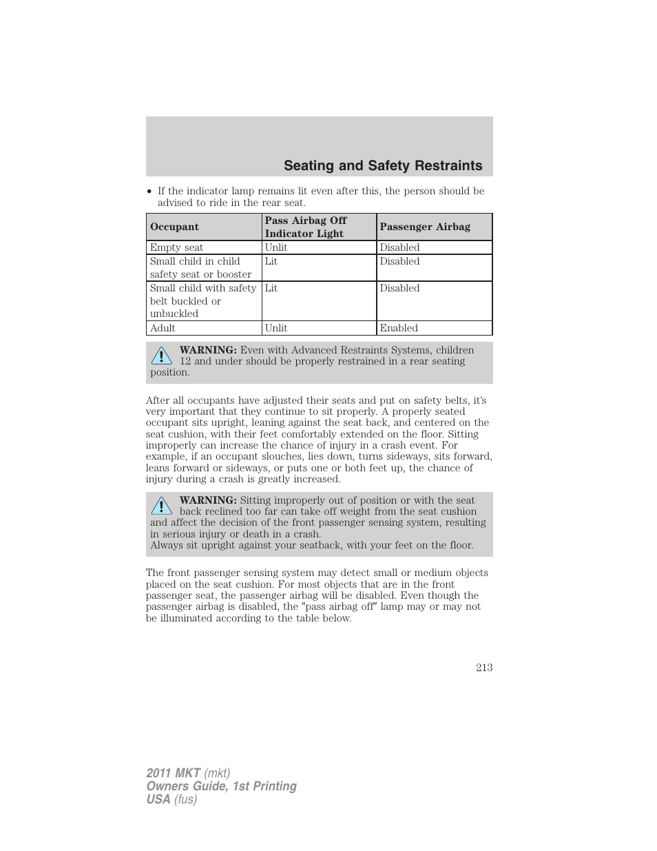 Seating and safety restraints | Lincoln 2011 MKT User Manual | Page 213 / 454