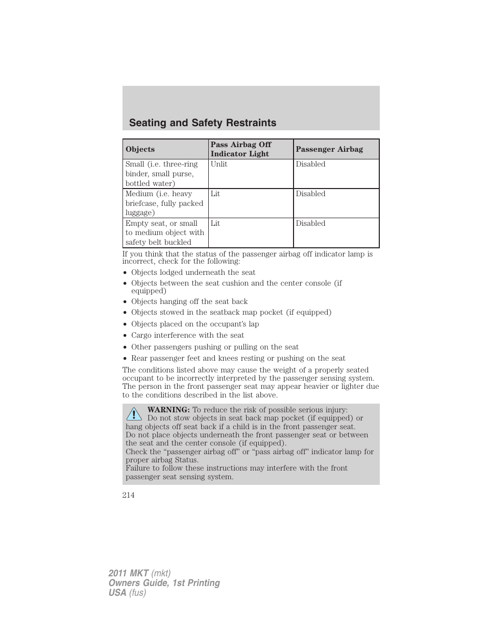 Seating and safety restraints | Lincoln 2011 MKT User Manual | Page 214 / 454