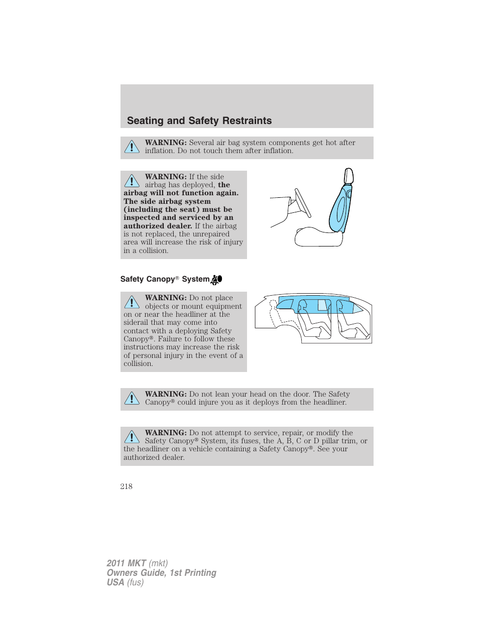 Safety canopy system, Seating and safety restraints | Lincoln 2011 MKT User Manual | Page 218 / 454