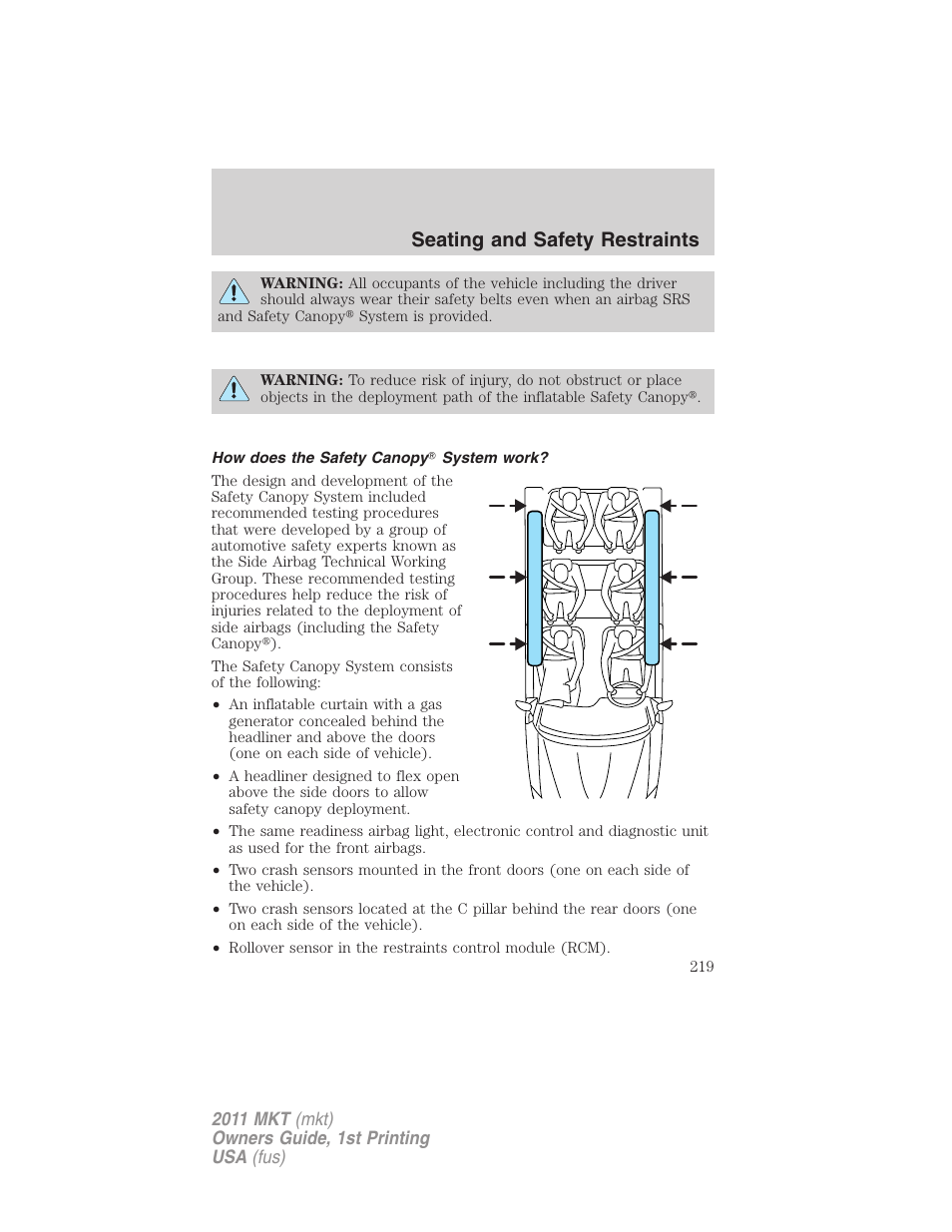 How does the safety canopy system work, Seating and safety restraints | Lincoln 2011 MKT User Manual | Page 219 / 454