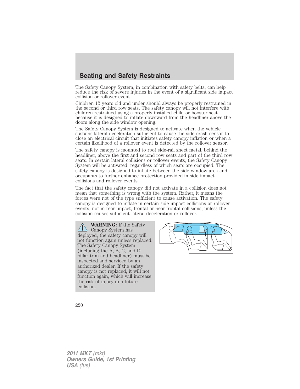 Seating and safety restraints | Lincoln 2011 MKT User Manual | Page 220 / 454