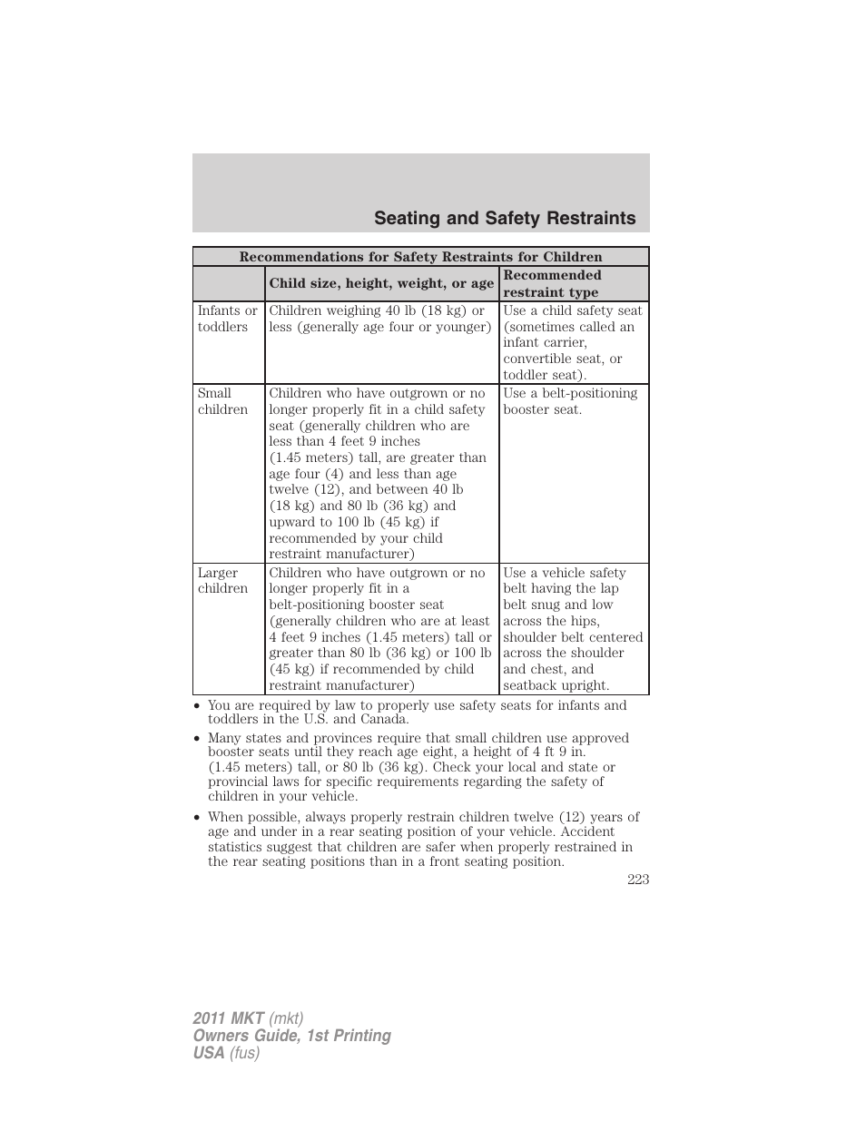 Seating and safety restraints | Lincoln 2011 MKT User Manual | Page 223 / 454