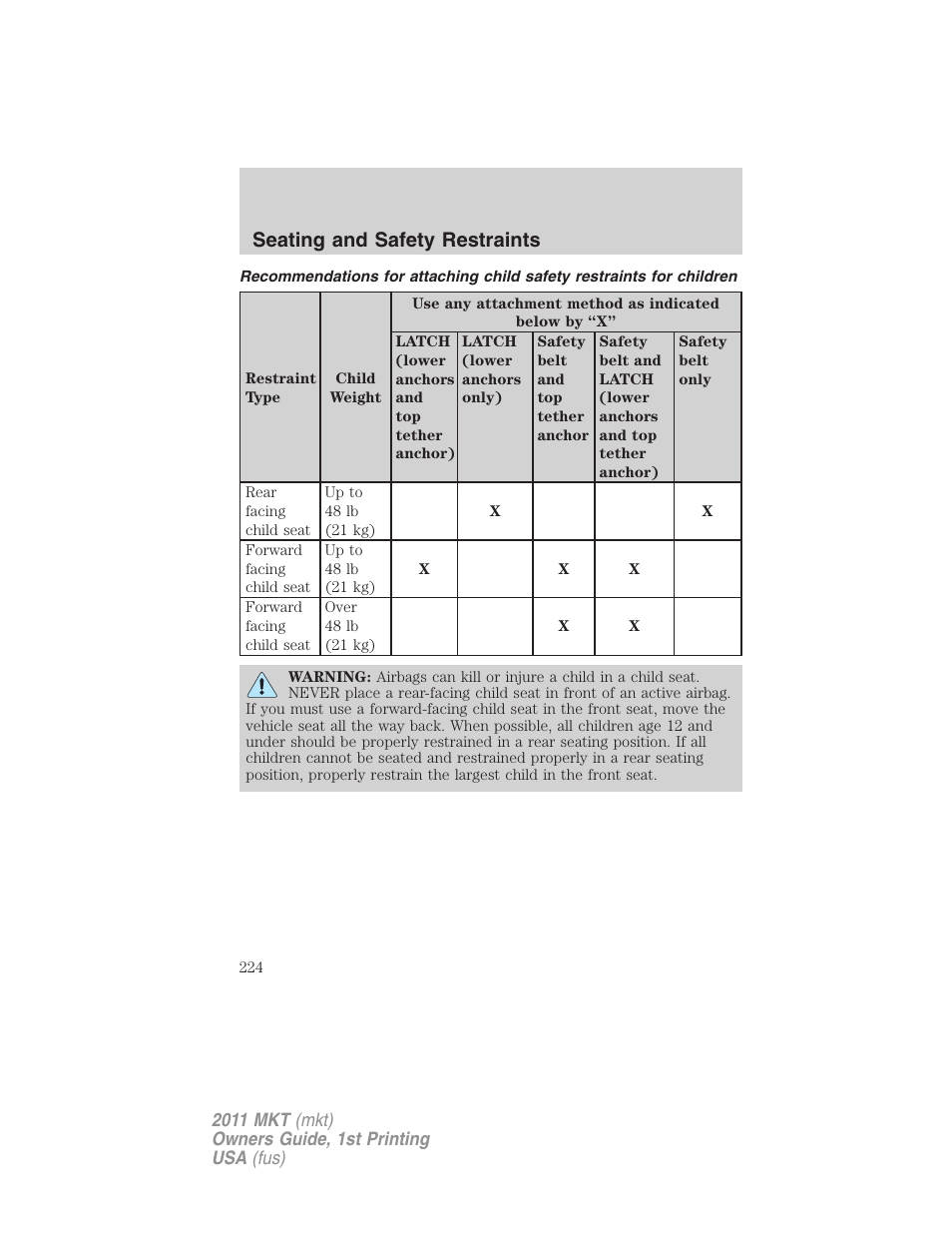 Seating and safety restraints | Lincoln 2011 MKT User Manual | Page 224 / 454