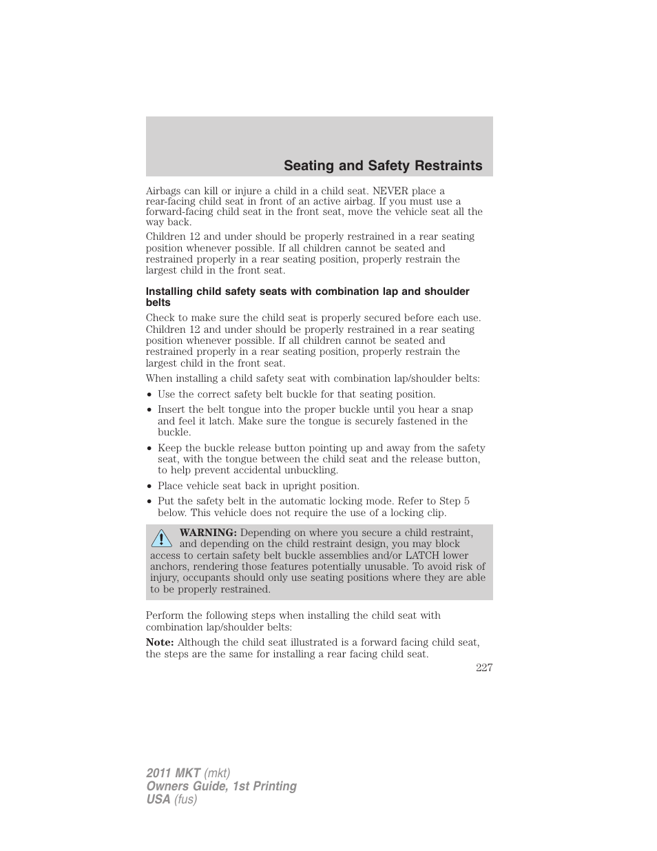 Seating and safety restraints | Lincoln 2011 MKT User Manual | Page 227 / 454