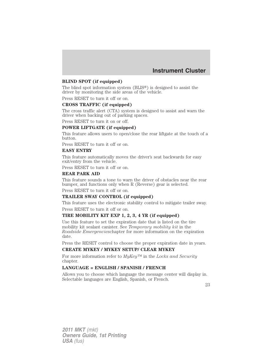 Instrument cluster | Lincoln 2011 MKT User Manual | Page 23 / 454