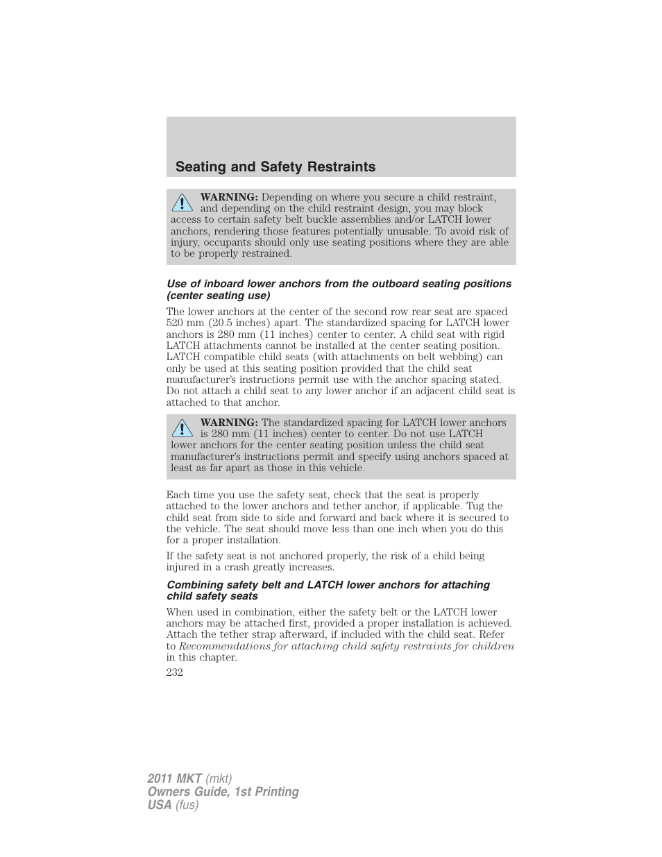 Seating and safety restraints | Lincoln 2011 MKT User Manual | Page 232 / 454