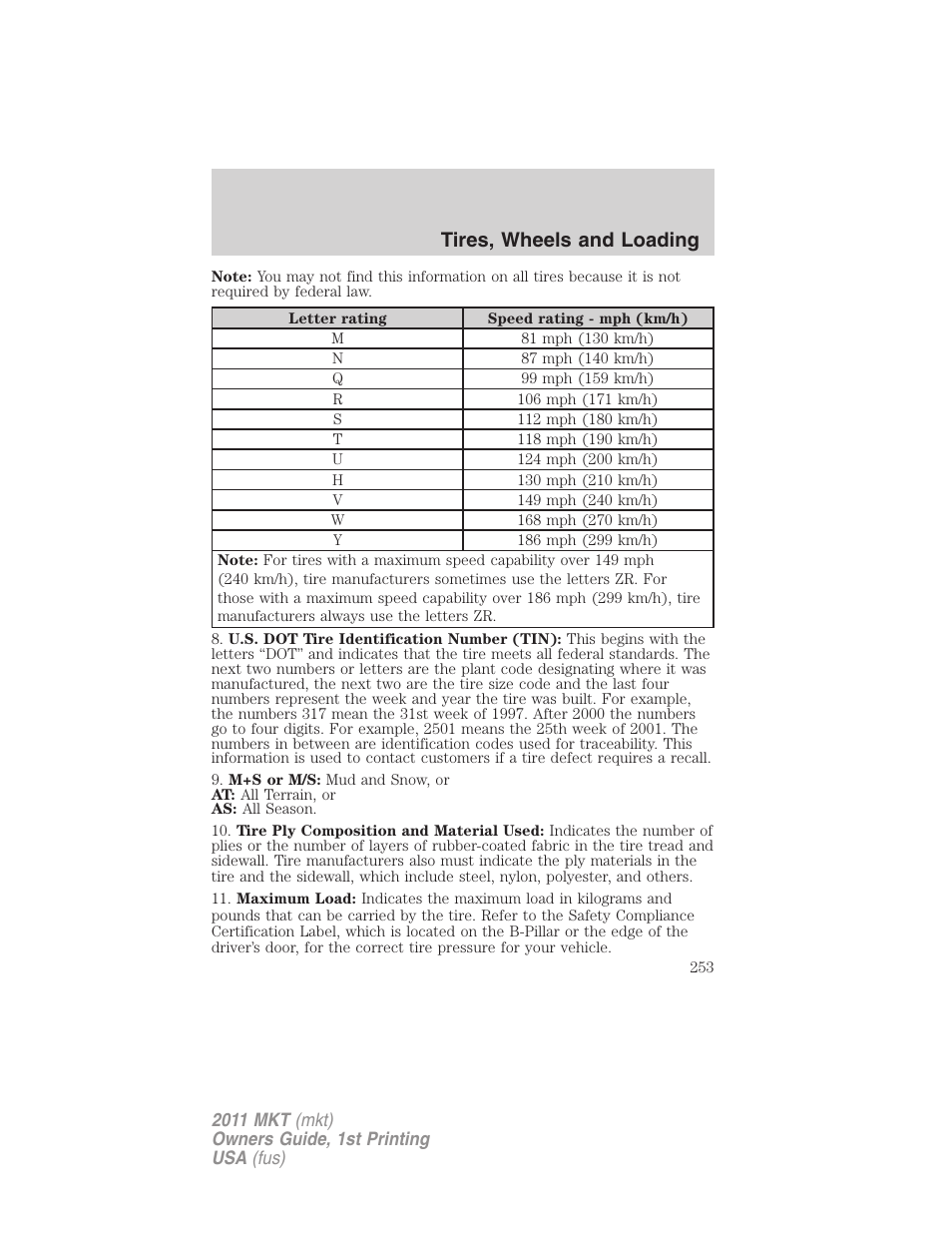 Tires, wheels and loading | Lincoln 2011 MKT User Manual | Page 253 / 454