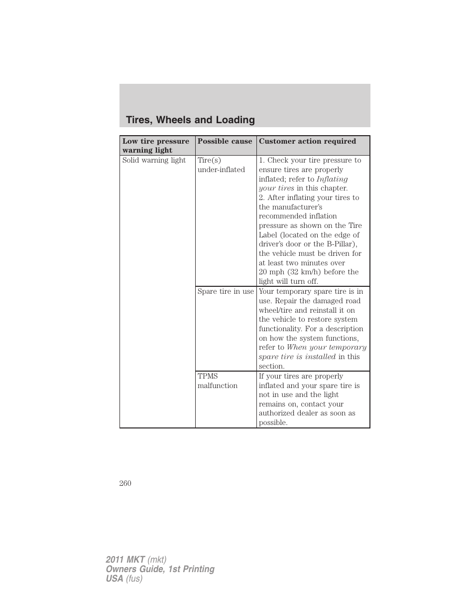 Tires, wheels and loading | Lincoln 2011 MKT User Manual | Page 260 / 454