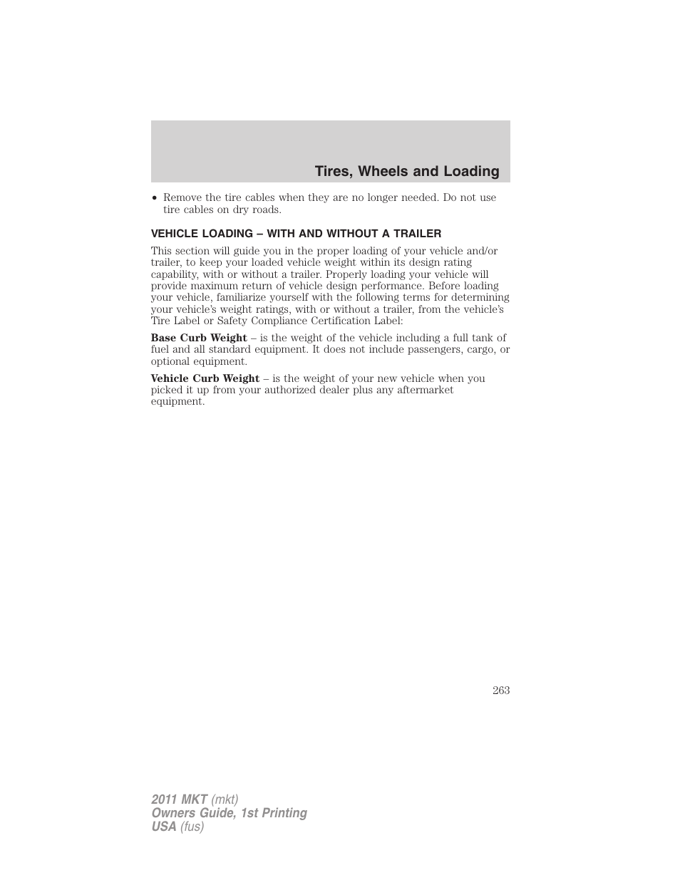 Vehicle loading – with and without a trailer, Vehicle loading, Tires, wheels and loading | Lincoln 2011 MKT User Manual | Page 263 / 454