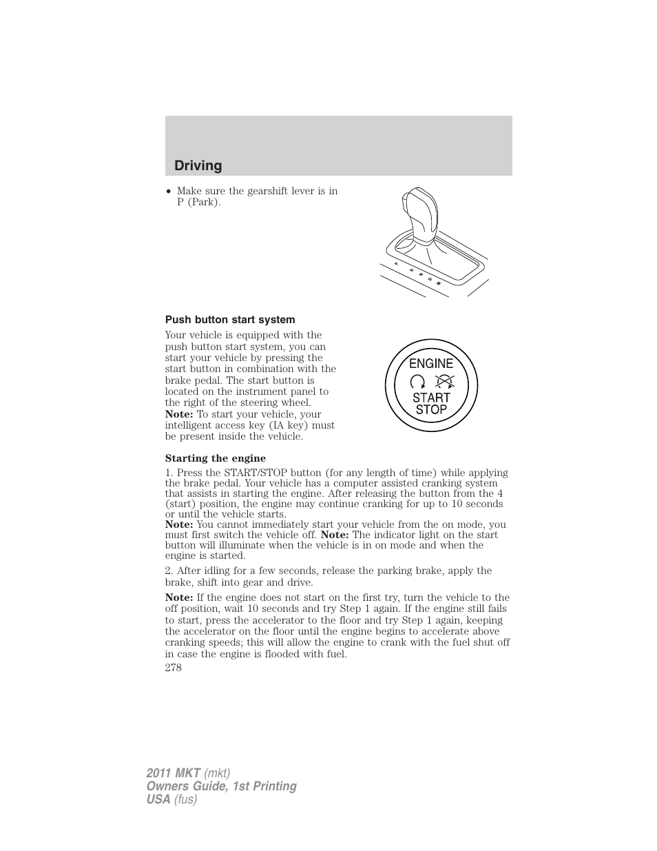 Push button start system, Driving | Lincoln 2011 MKT User Manual | Page 278 / 454