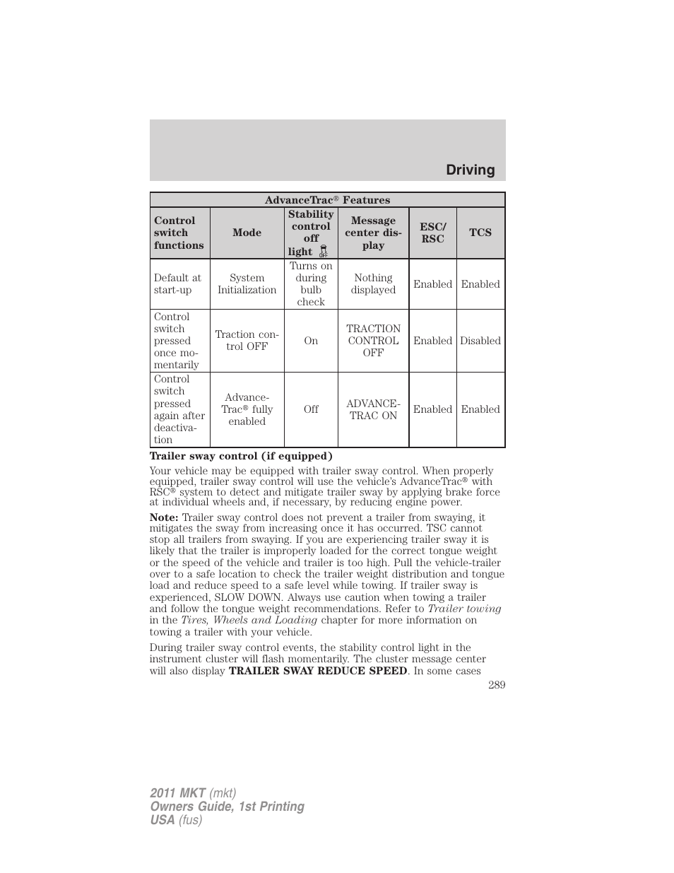 Driving | Lincoln 2011 MKT User Manual | Page 289 / 454