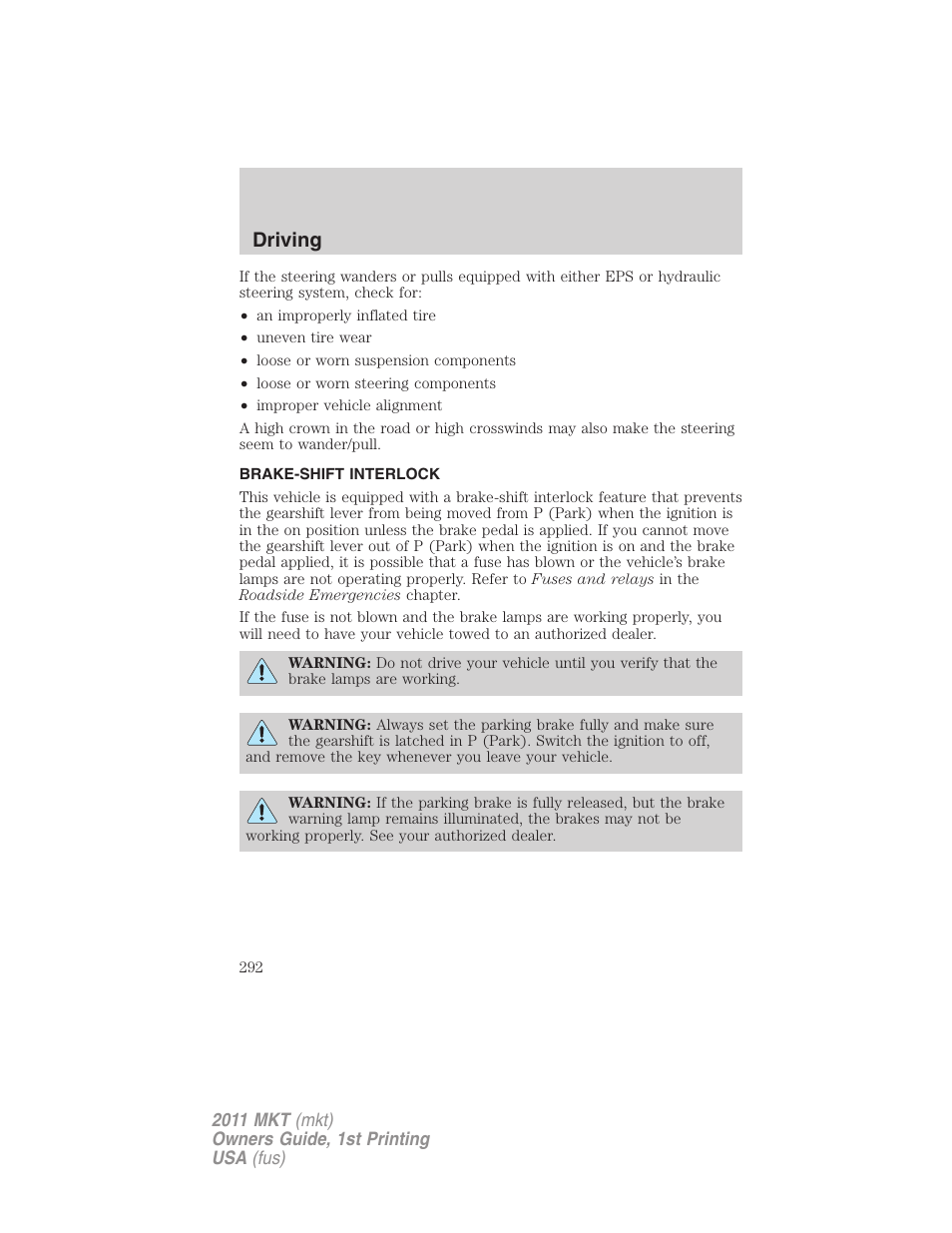 Brake-shift interlock, Driving | Lincoln 2011 MKT User Manual | Page 292 / 454