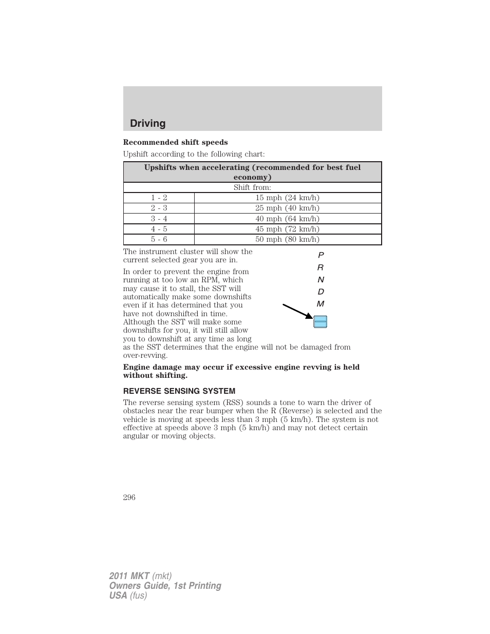 Reverse sensing system, Driving | Lincoln 2011 MKT User Manual | Page 296 / 454