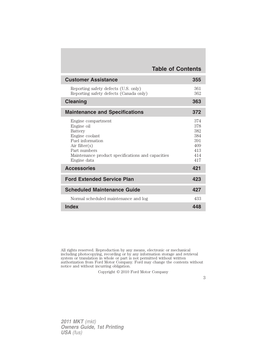 Lincoln 2011 MKT User Manual | Page 3 / 454