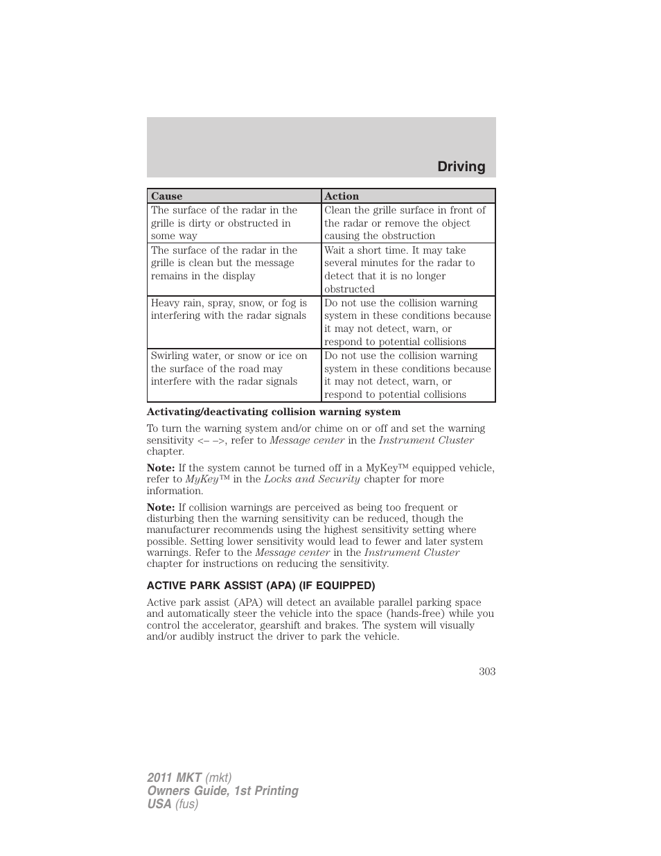 Active park assist (apa) (if equipped), Driving | Lincoln 2011 MKT User Manual | Page 303 / 454