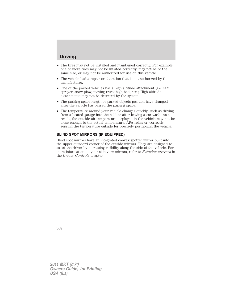 Blind spot mirrors (if equipped), Driving | Lincoln 2011 MKT User Manual | Page 308 / 454