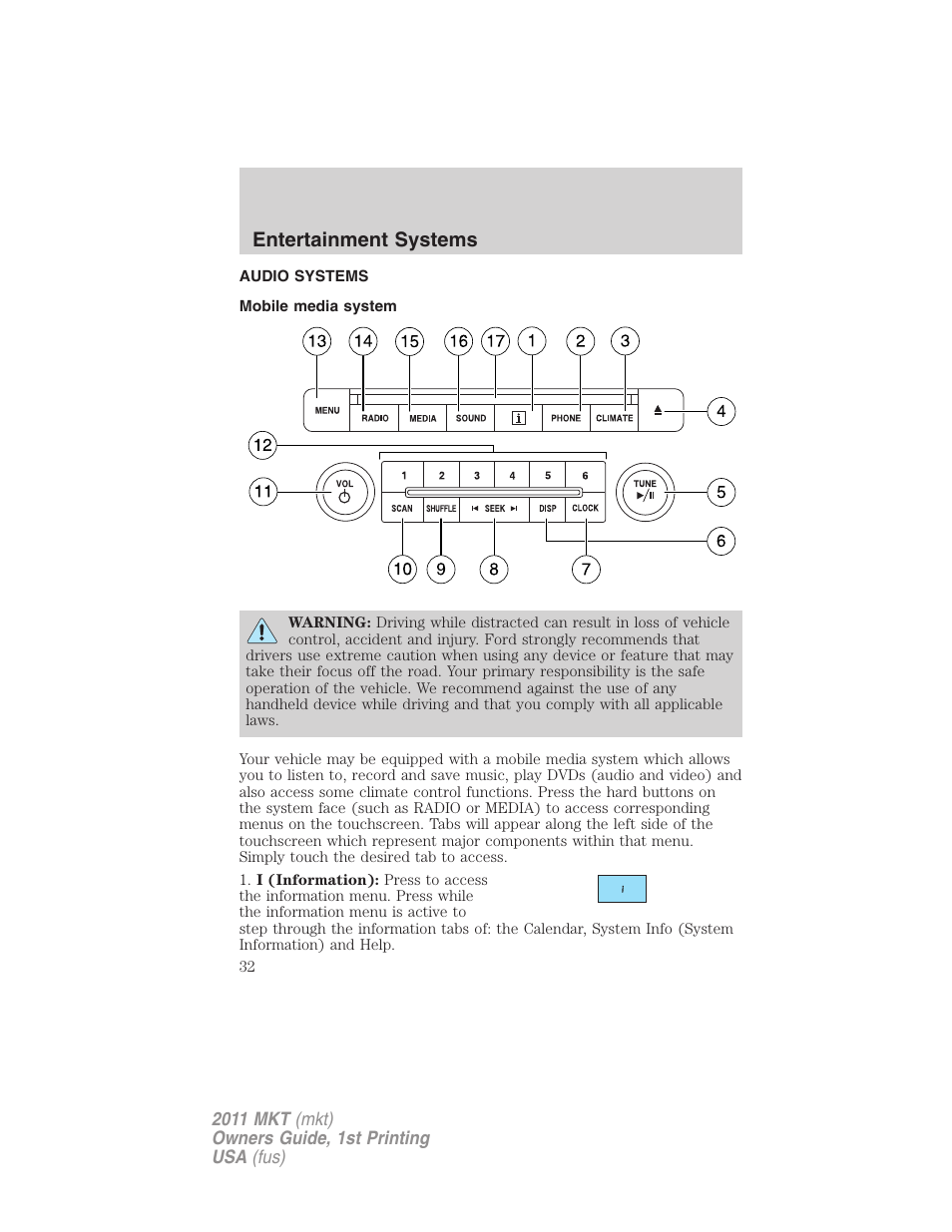 Entertainment systems, Audio systems, Mobile media system | Lincoln 2011 MKT User Manual | Page 32 / 454