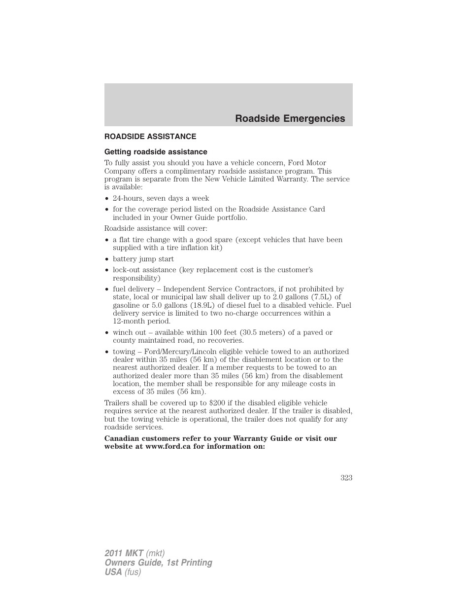 Roadside emergencies, Roadside assistance, Getting roadside assistance | Lincoln 2011 MKT User Manual | Page 323 / 454