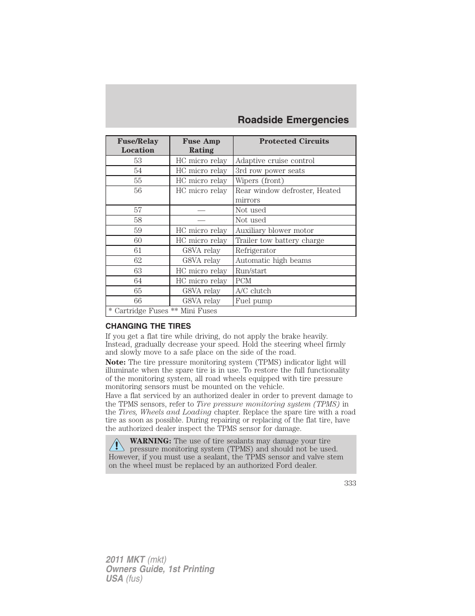 Changing the tires, Changing tires, Roadside emergencies | Lincoln 2011 MKT User Manual | Page 333 / 454