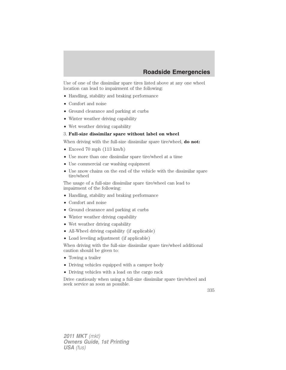 Roadside emergencies | Lincoln 2011 MKT User Manual | Page 335 / 454