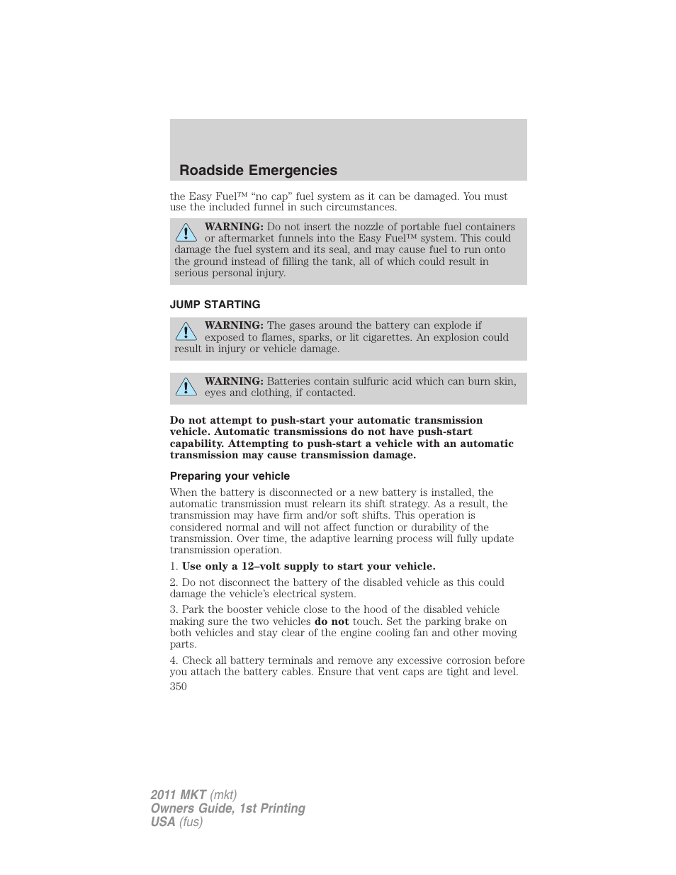 Jump starting, Preparing your vehicle, Roadside emergencies | Lincoln 2011 MKT User Manual | Page 350 / 454