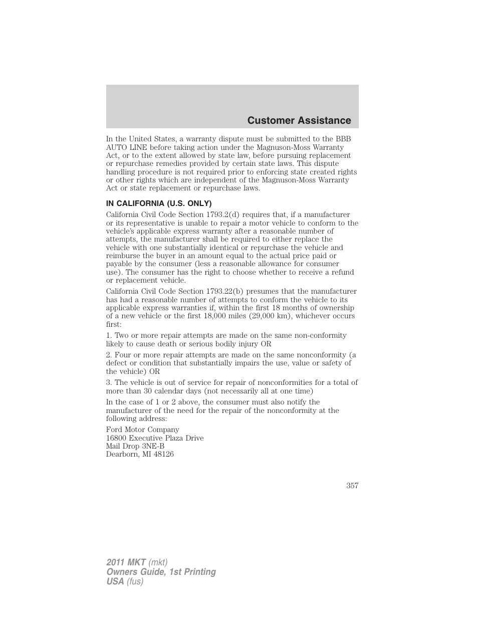 In california (u.s. only), Customer assistance | Lincoln 2011 MKT User Manual | Page 357 / 454