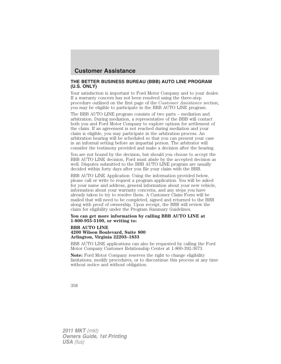 Customer assistance | Lincoln 2011 MKT User Manual | Page 358 / 454