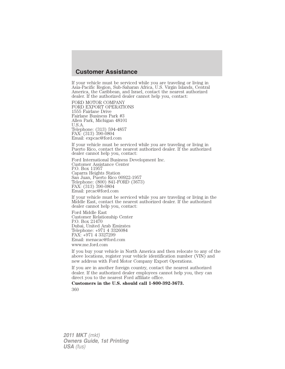 Customer assistance | Lincoln 2011 MKT User Manual | Page 360 / 454