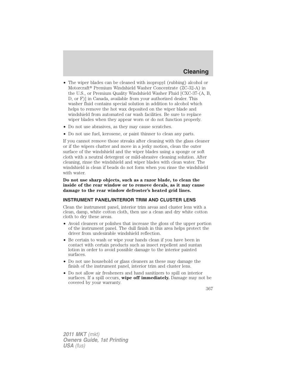 Instrument panel/interior trim and cluster lens, Cleaning | Lincoln 2011 MKT User Manual | Page 367 / 454