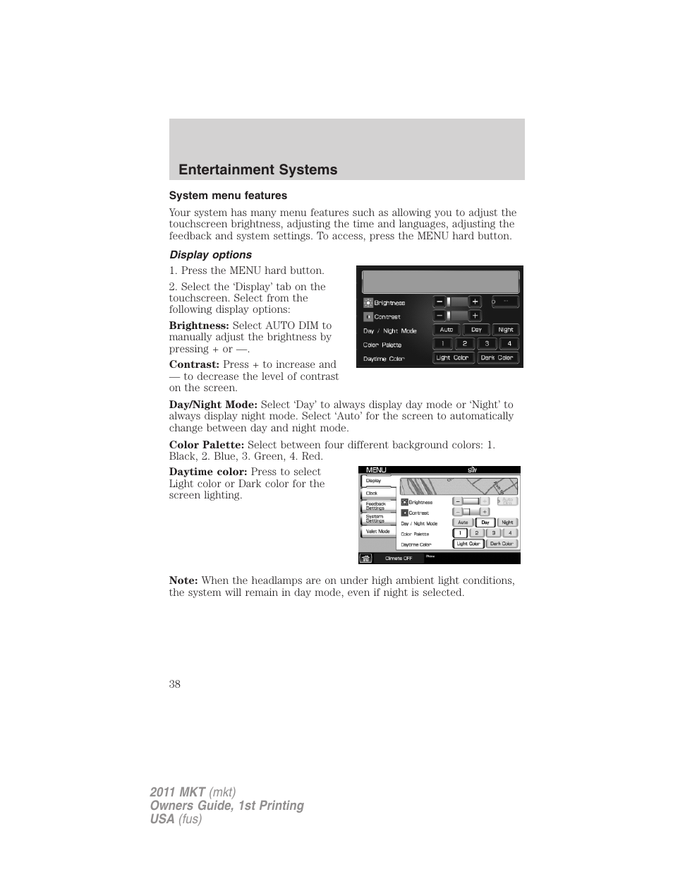 System menu features, Display options, Entertainment systems | Lincoln 2011 MKT User Manual | Page 38 / 454