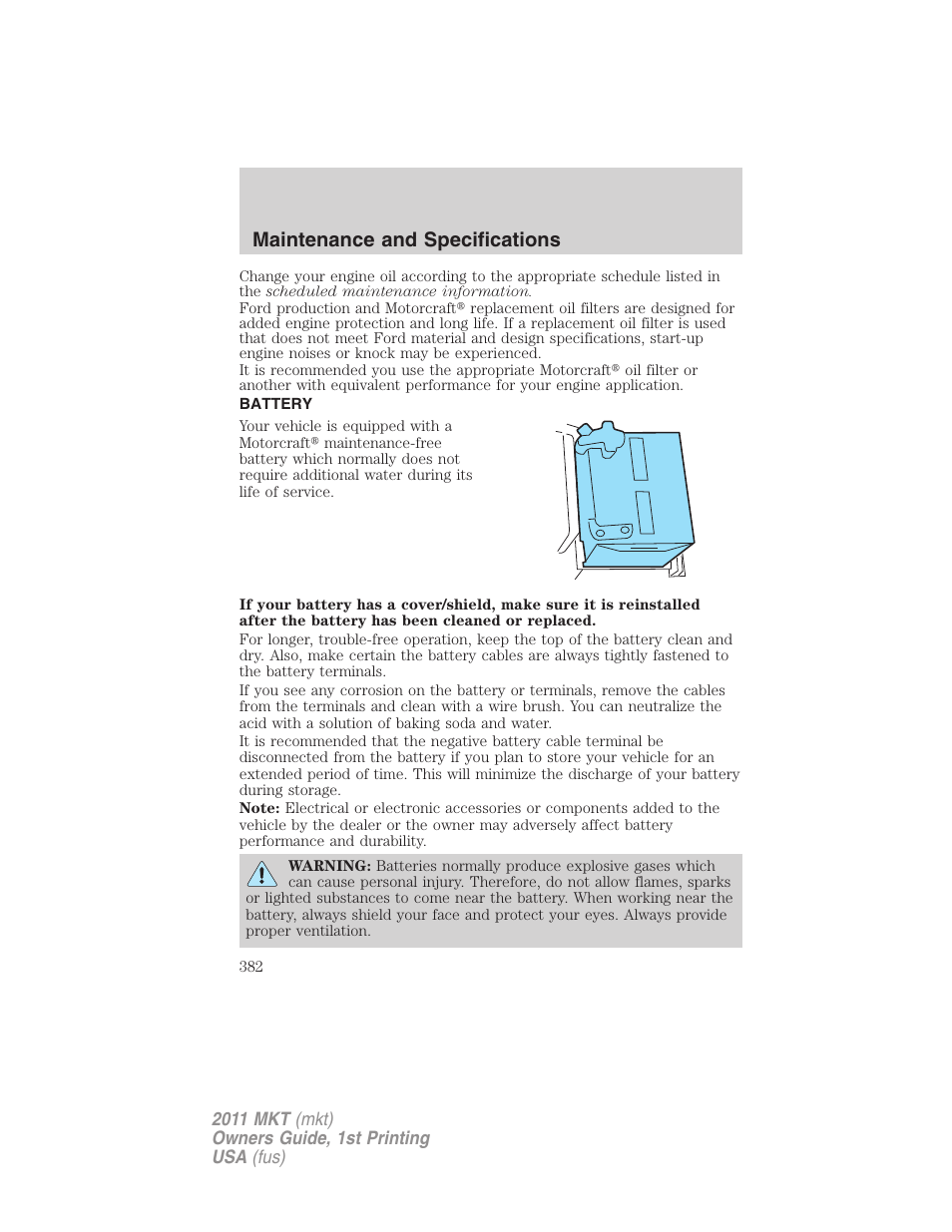 Battery, Maintenance and specifications | Lincoln 2011 MKT User Manual | Page 382 / 454