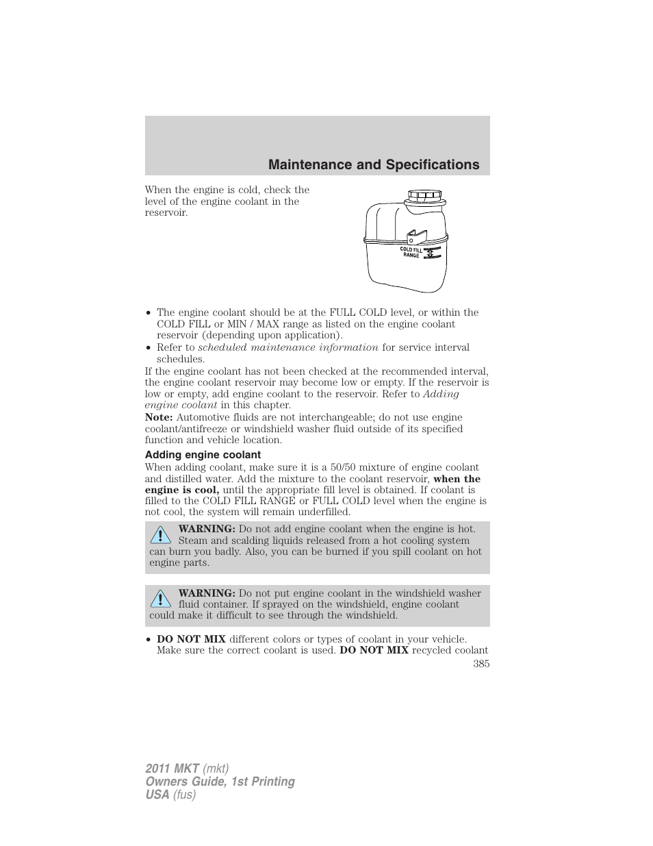 Adding engine coolant, Maintenance and specifications | Lincoln 2011 MKT User Manual | Page 385 / 454