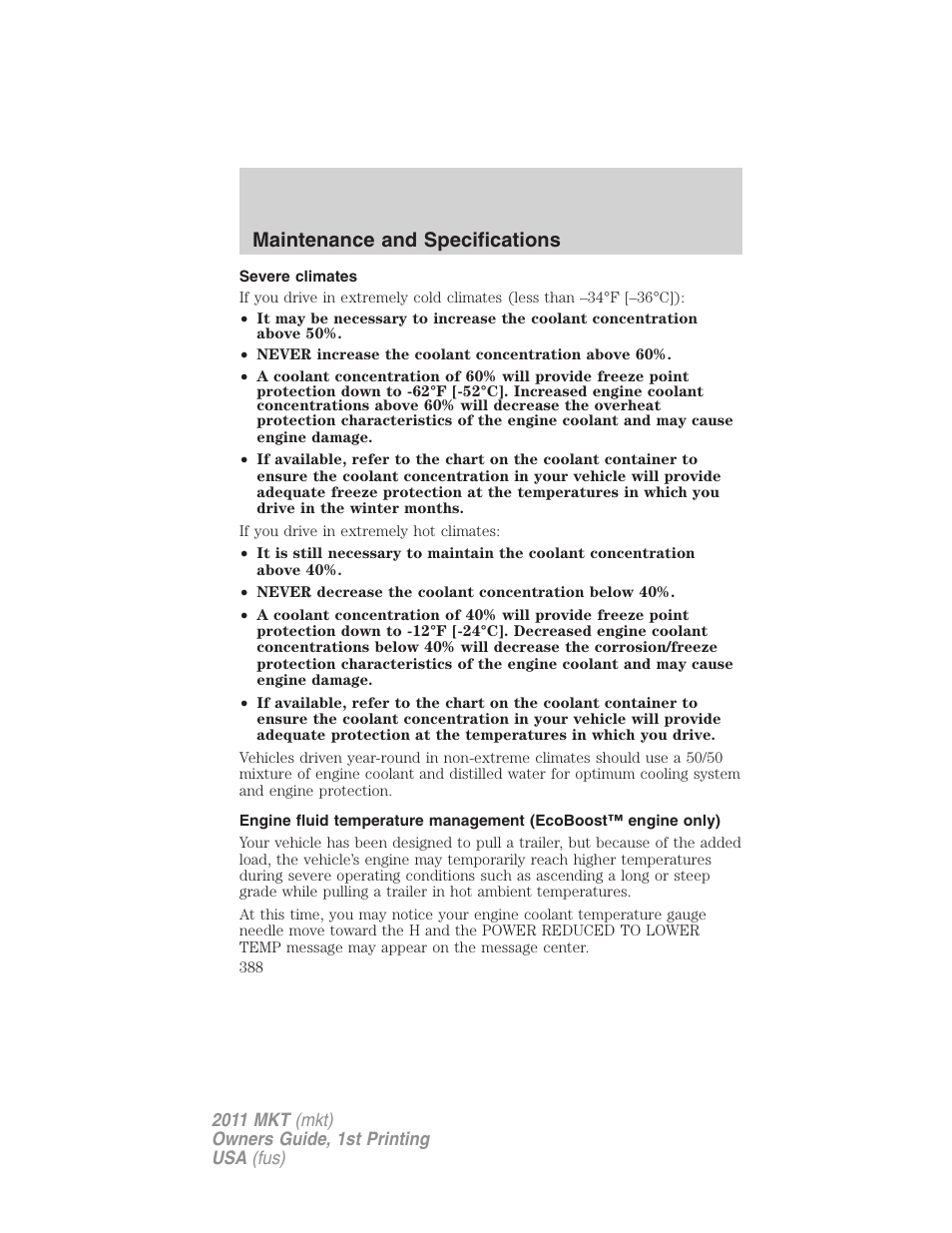 Severe climates, Maintenance and specifications | Lincoln 2011 MKT User Manual | Page 388 / 454