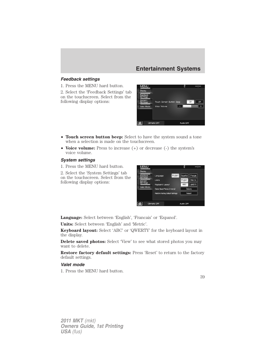 Feedback settings, System settings, Valet mode | Entertainment systems | Lincoln 2011 MKT User Manual | Page 39 / 454