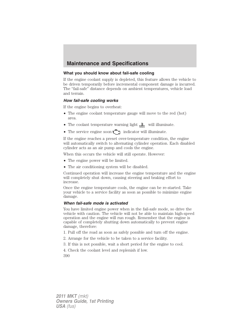 What you should know about fail-safe cooling, How fail-safe cooling works, When fail-safe mode is activated | Maintenance and specifications | Lincoln 2011 MKT User Manual | Page 390 / 454