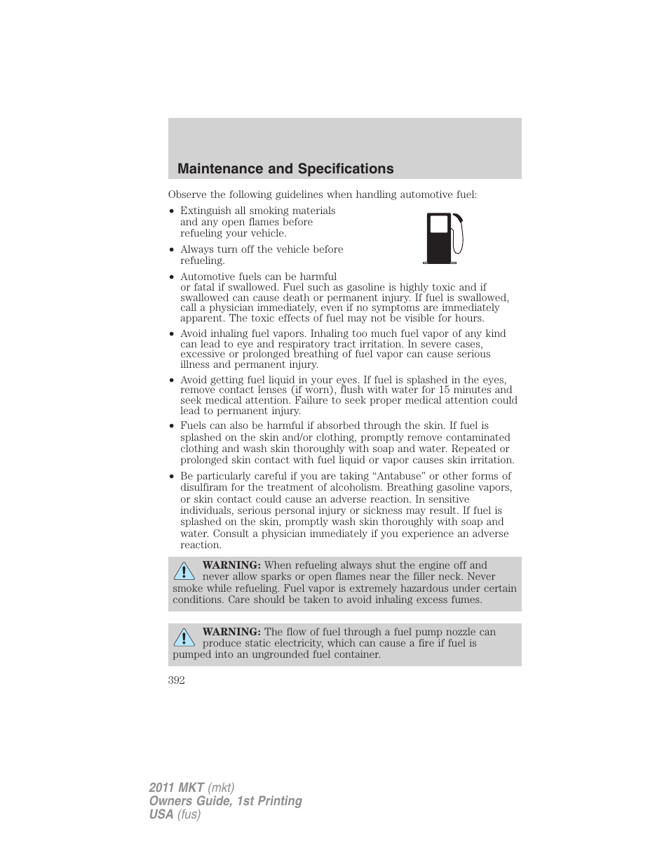 Maintenance and specifications | Lincoln 2011 MKT User Manual | Page 392 / 454