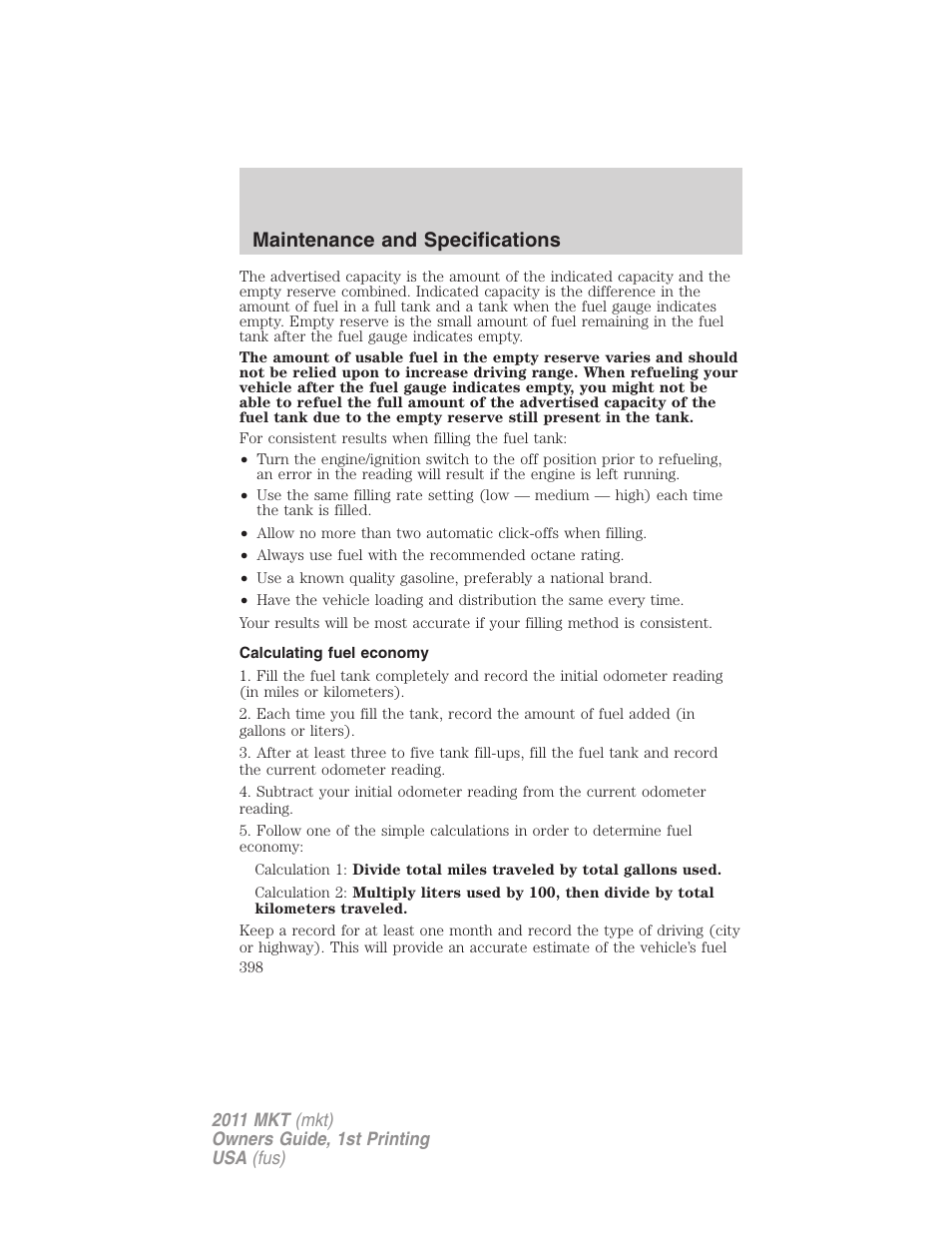 Calculating fuel economy, Maintenance and specifications | Lincoln 2011 MKT User Manual | Page 398 / 454