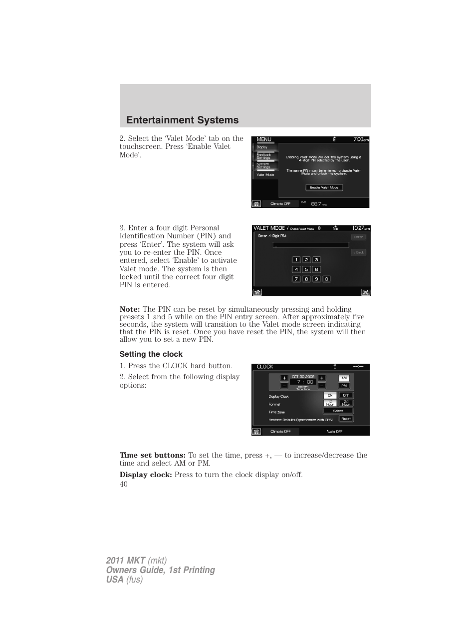 Setting the clock, Entertainment systems | Lincoln 2011 MKT User Manual | Page 40 / 454