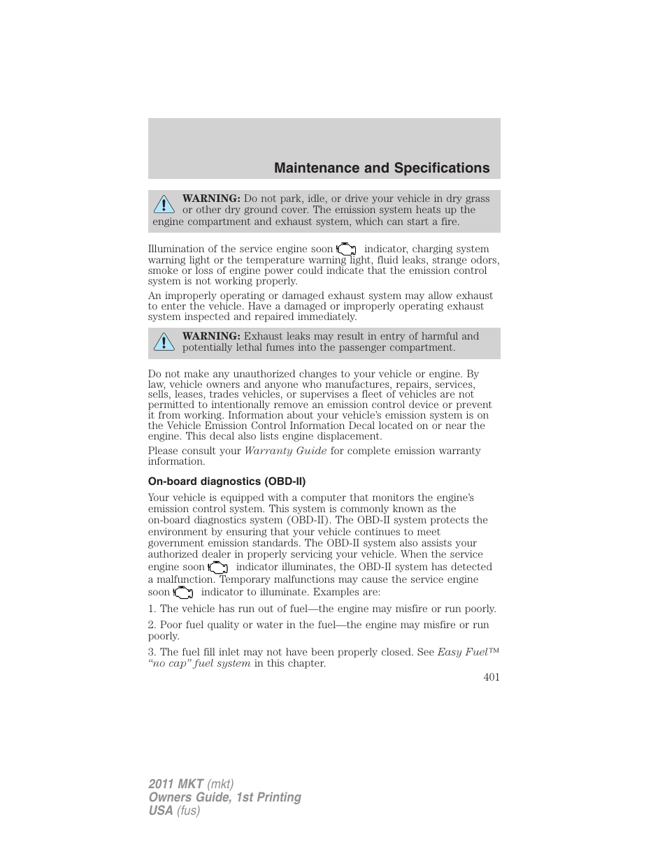 On-board diagnostics (obd-ii), Maintenance and specifications | Lincoln 2011 MKT User Manual | Page 401 / 454