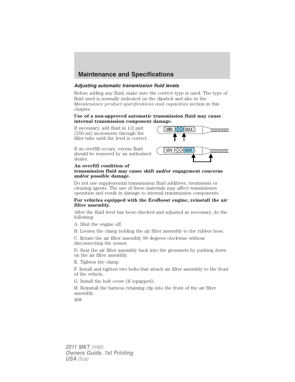 Adjusting automatic transmission fluid levels, Maintenance and specifications | Lincoln 2011 MKT User Manual | Page 408 / 454