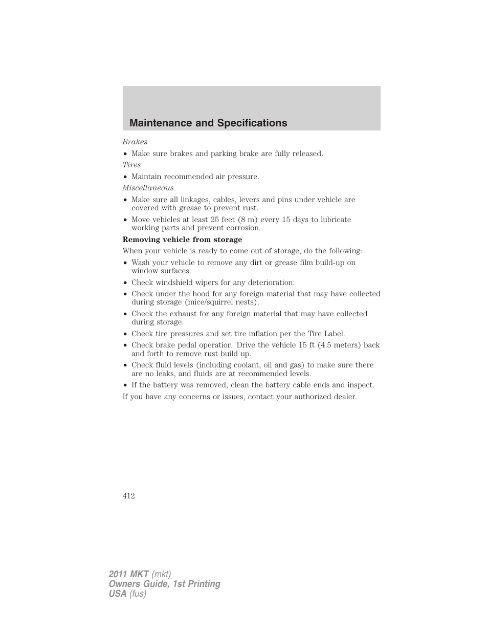 Maintenance and specifications | Lincoln 2011 MKT User Manual | Page 412 / 454