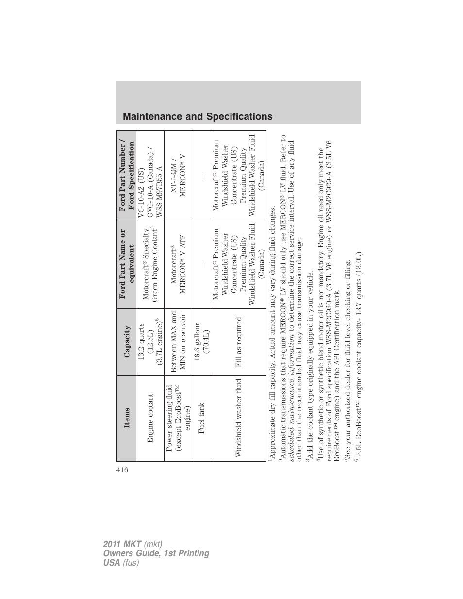 Maintenance and specifications | Lincoln 2011 MKT User Manual | Page 416 / 454