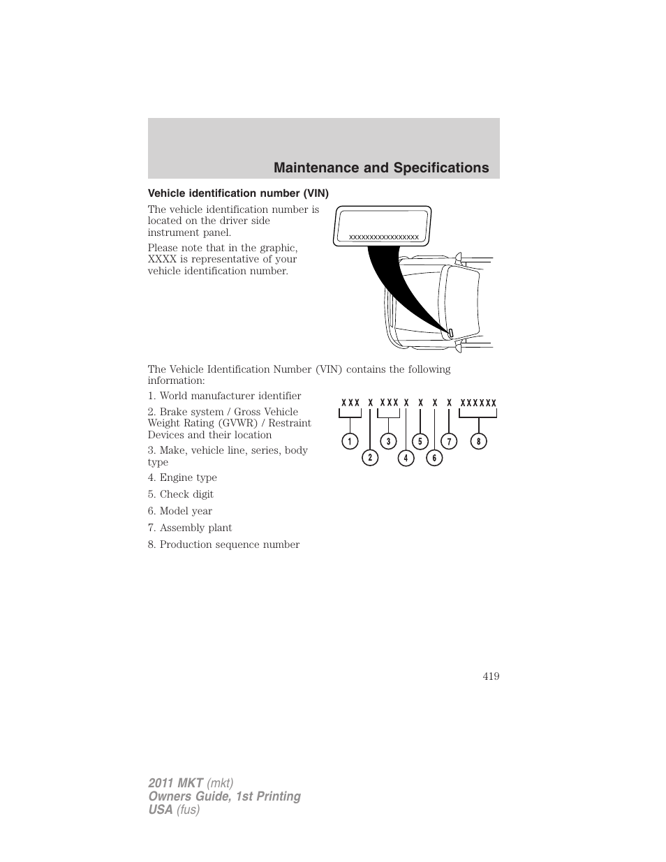 Vehicle identification number (vin), Maintenance and specifications | Lincoln 2011 MKT User Manual | Page 419 / 454