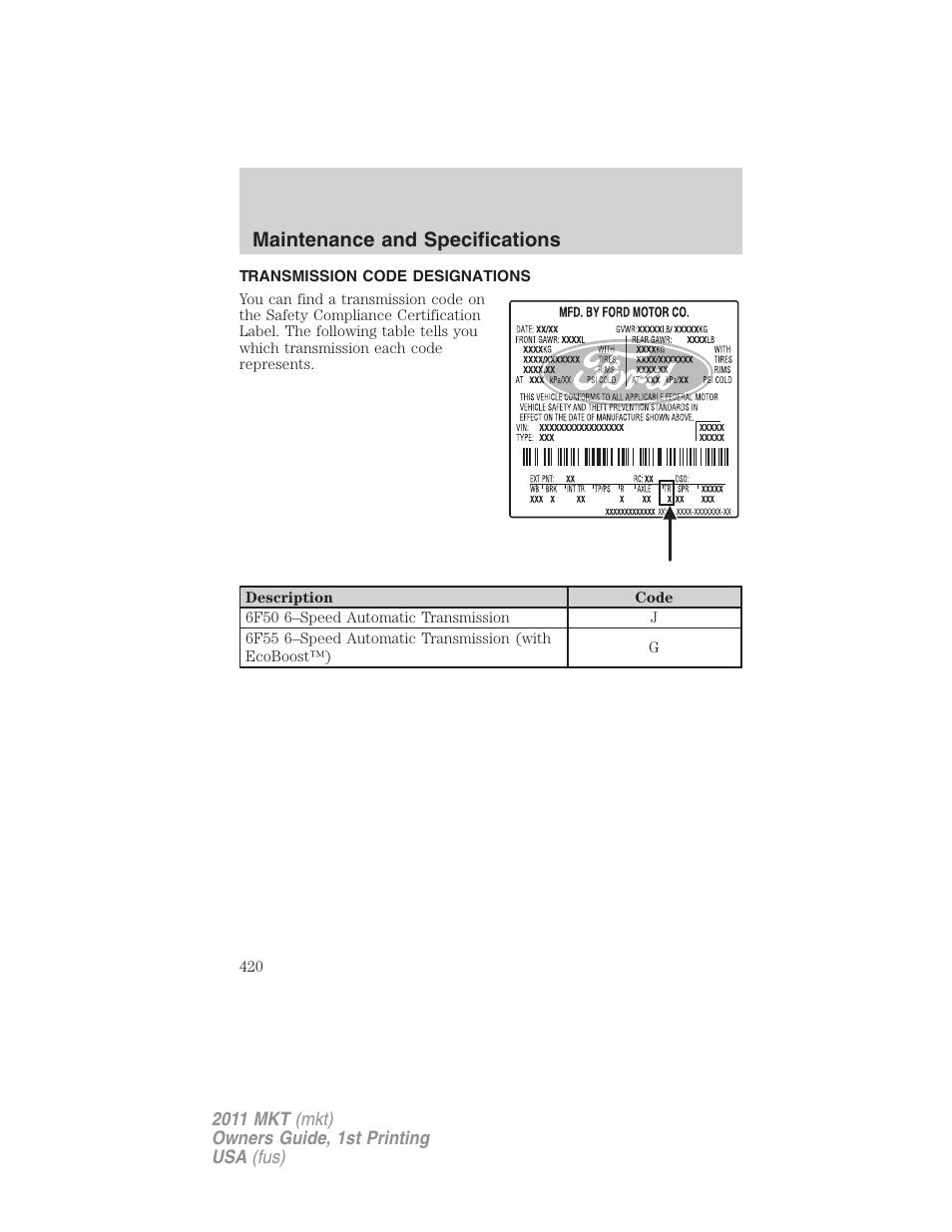 Transmission code designations, Maintenance and specifications | Lincoln 2011 MKT User Manual | Page 420 / 454