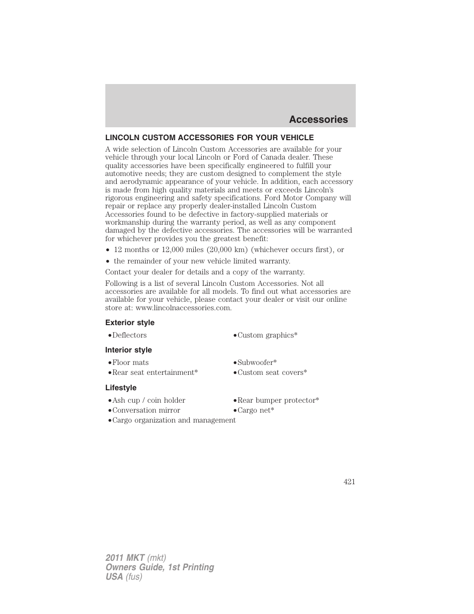 Accessories, Lincoln custom accessories for your vehicle, Exterior style | Interior style, Lifestyle | Lincoln 2011 MKT User Manual | Page 421 / 454