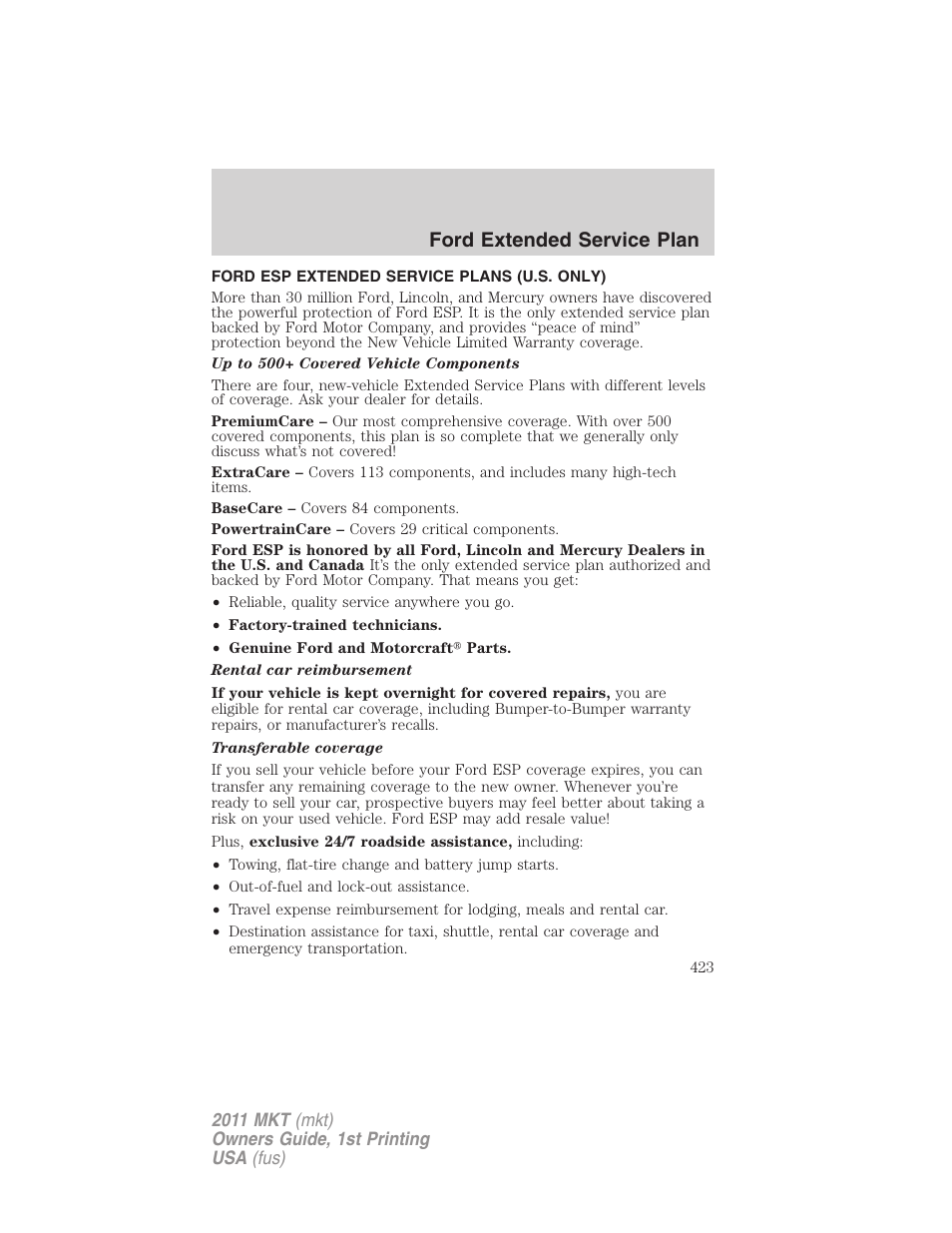 Ford extended service plan, Ford esp extended service plans (u.s. only) | Lincoln 2011 MKT User Manual | Page 423 / 454