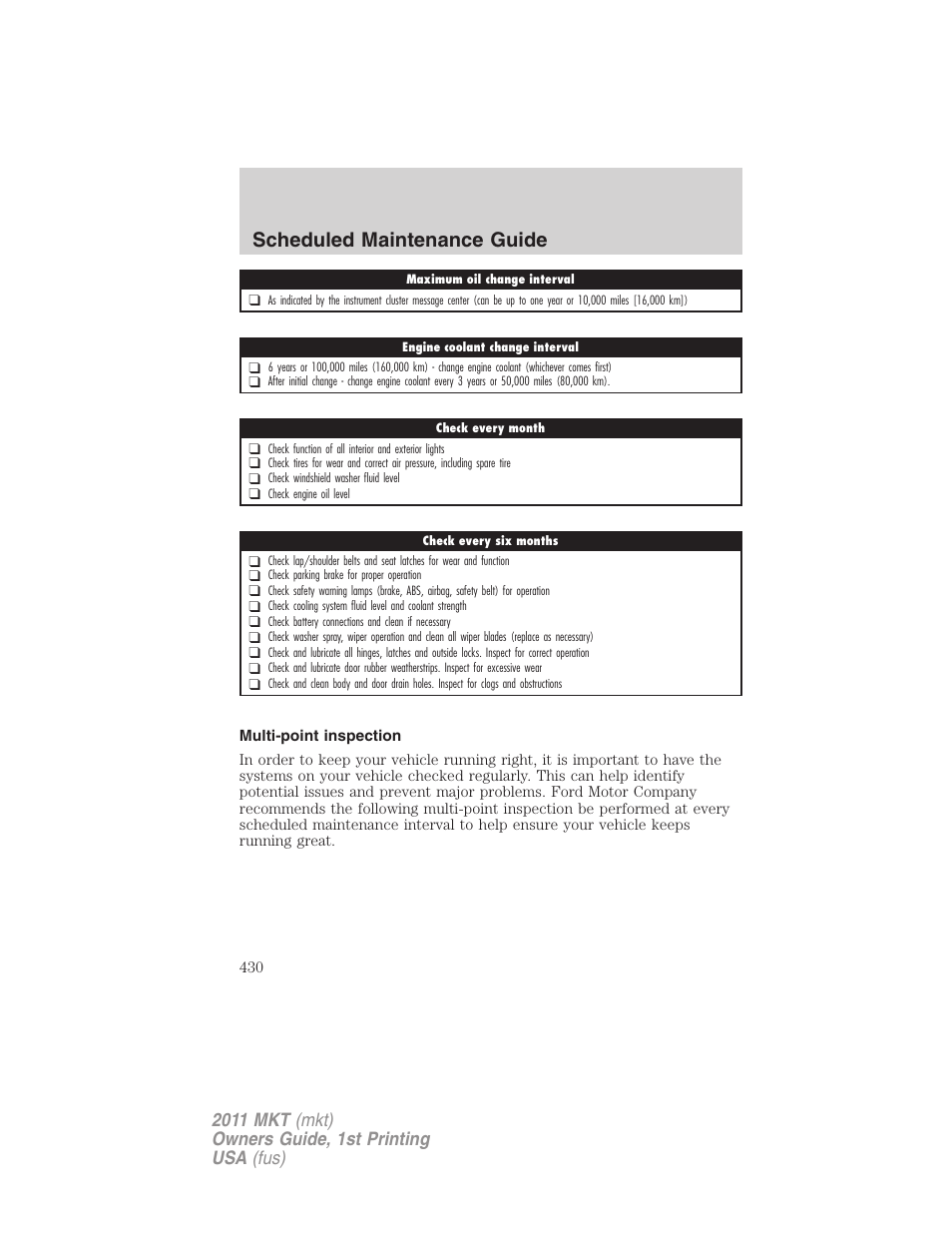 Multi-point inspection, Scheduled maintenance guide | Lincoln 2011 MKT User Manual | Page 430 / 454