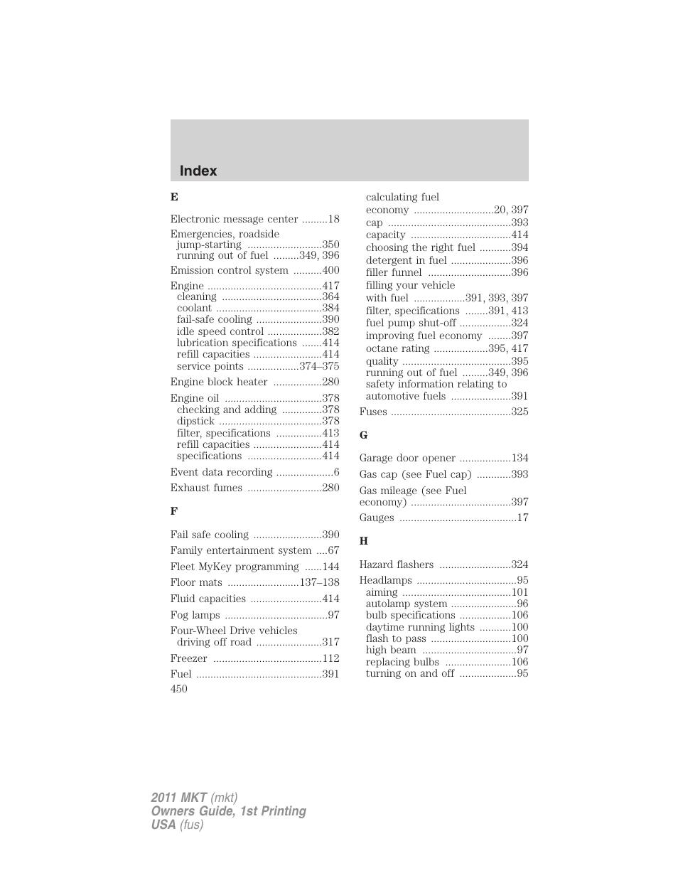 Index | Lincoln 2011 MKT User Manual | Page 450 / 454