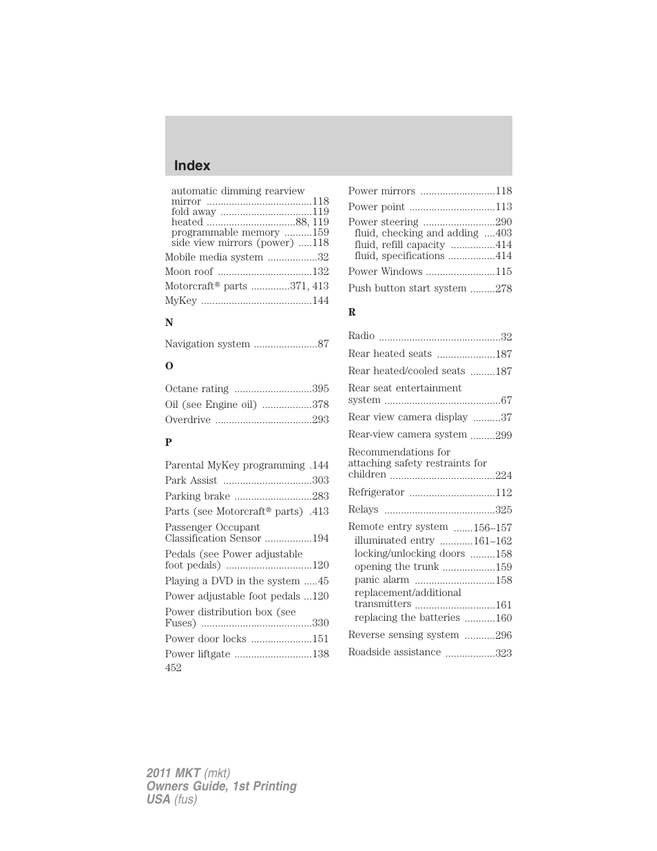 Index | Lincoln 2011 MKT User Manual | Page 452 / 454